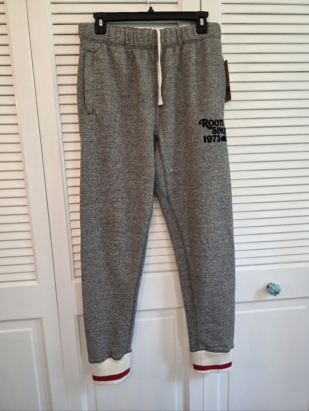 Roots Men's Grey Sweatpants with Cream & Red Cuff Stripes